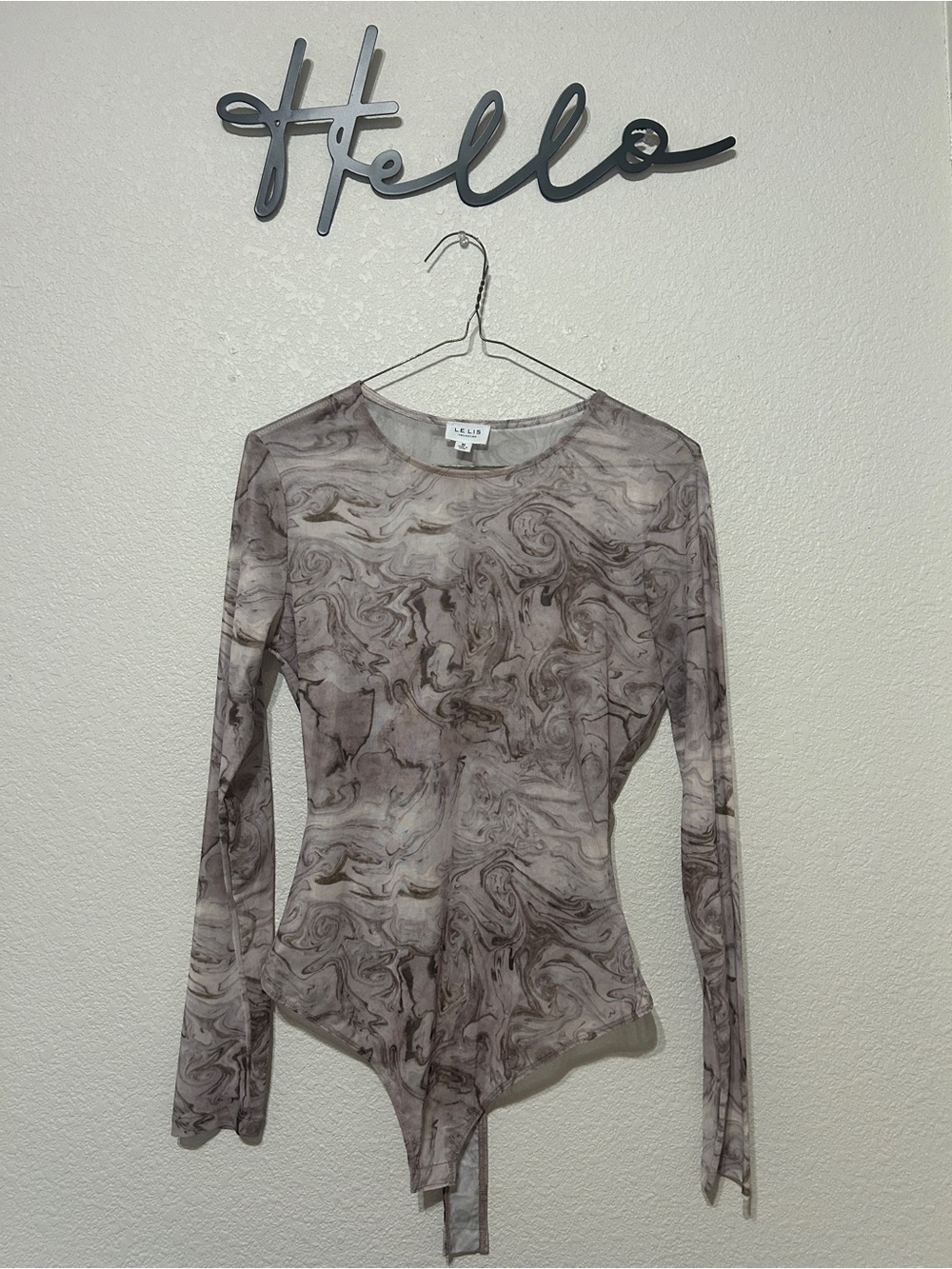 Le Lis Taupe Marble-Print Long Sleeve Bodysuit